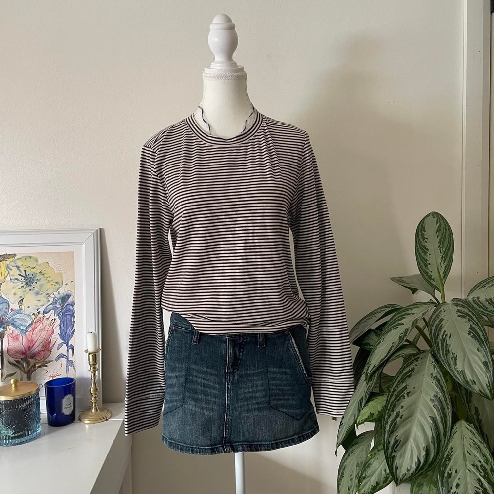y2k Striped Long Sleeve Shirt Womens Sz L Brown & White Indie Coquette